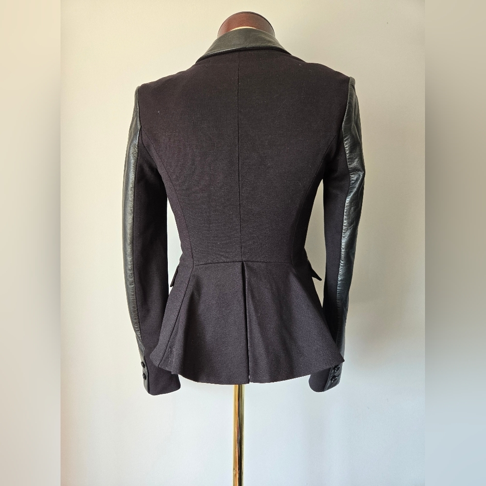 GUESS BY MARCIANO Black Fitted Blazer with Genuine Leather Sleeves, Back Ruffle. - Picture 7 of 15